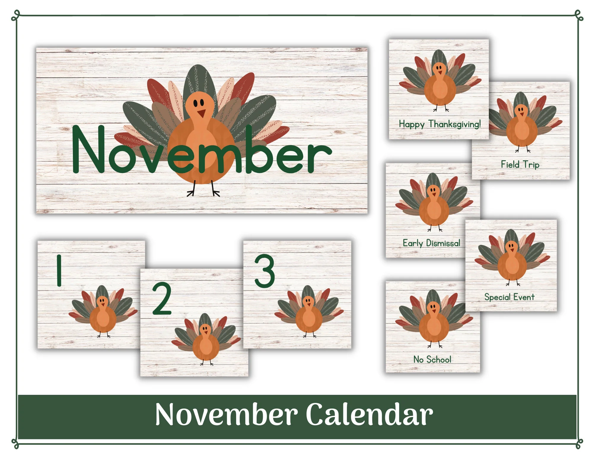 November Turkey Classroom Calendar Printable Headers amp Numbers 