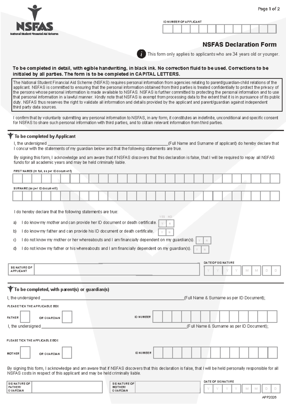 NSFAS 2026 Declaration Form For Applicants Under 34 Years Studocu