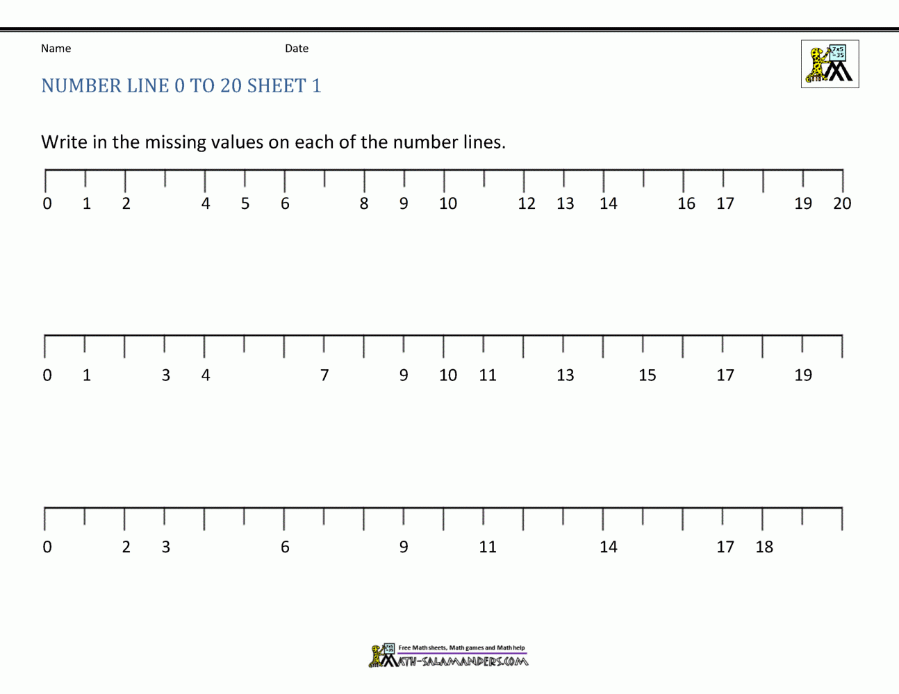 Free Printable Number Line Worksheets 1-20