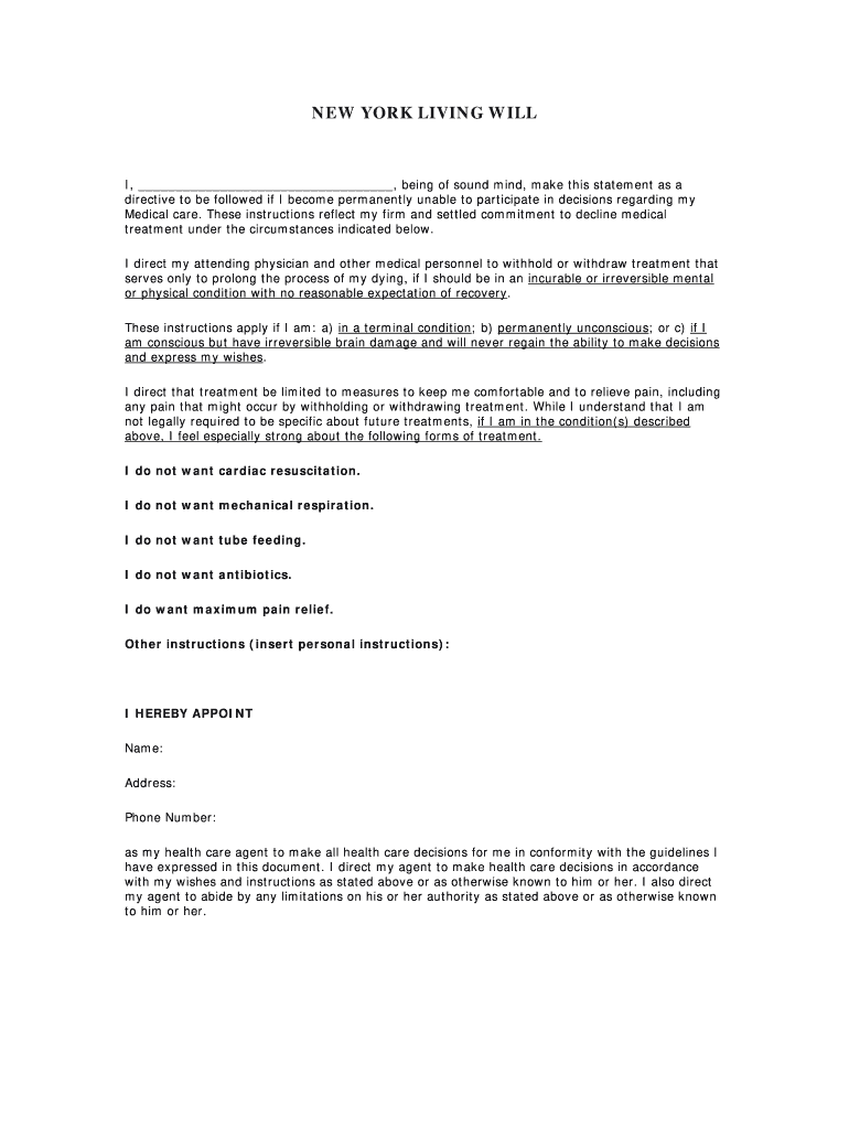 NY Living Will Form Fill Online Printable Fillable Blank 