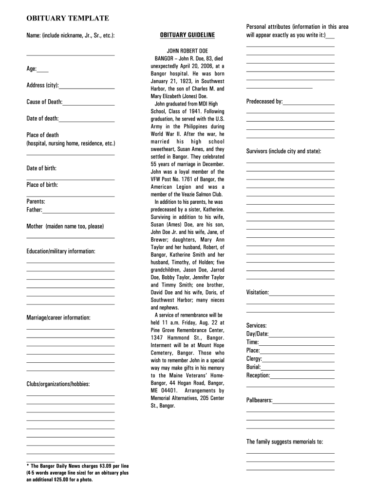 Free Obituary Template Printable