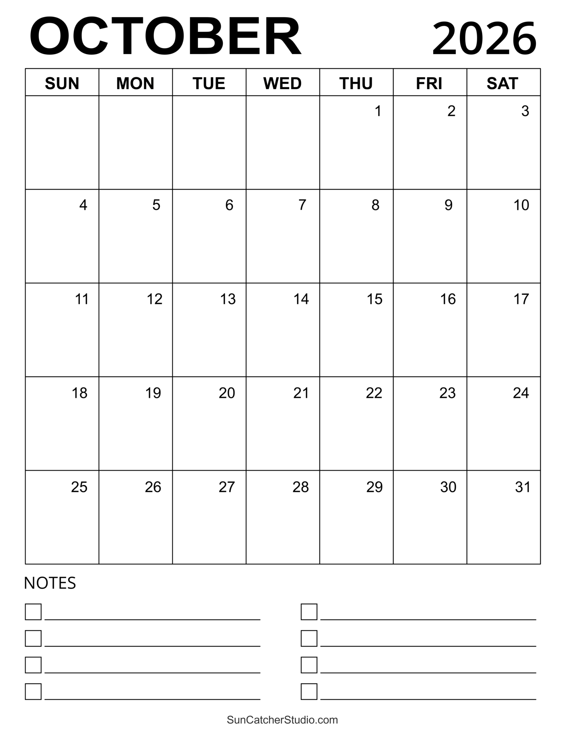 Blank Oct 2026 Calendar Printable Free