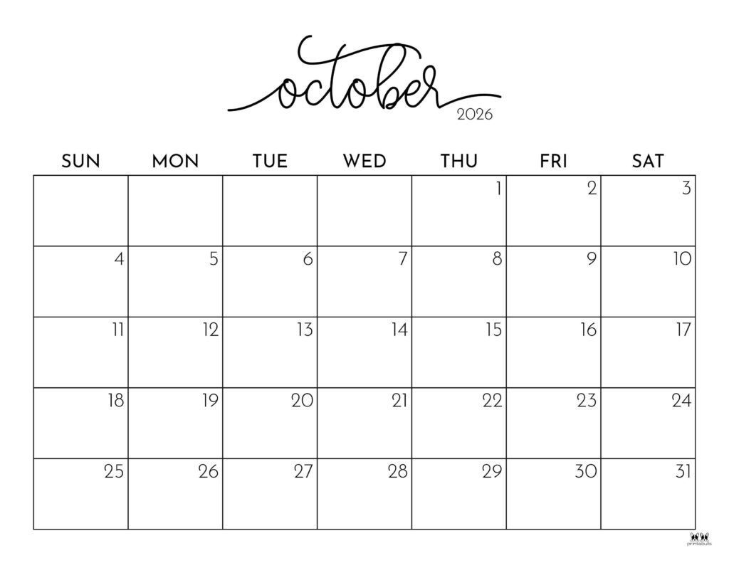 Blank October 2026 Calendar Printable Free Download