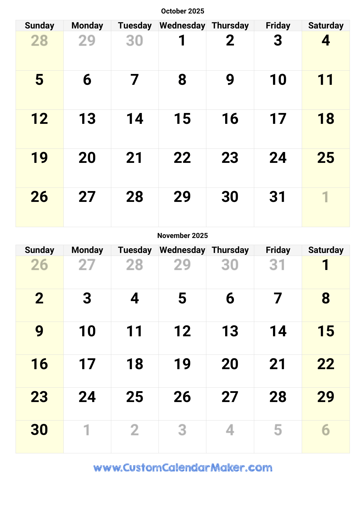October November Printable Calendar