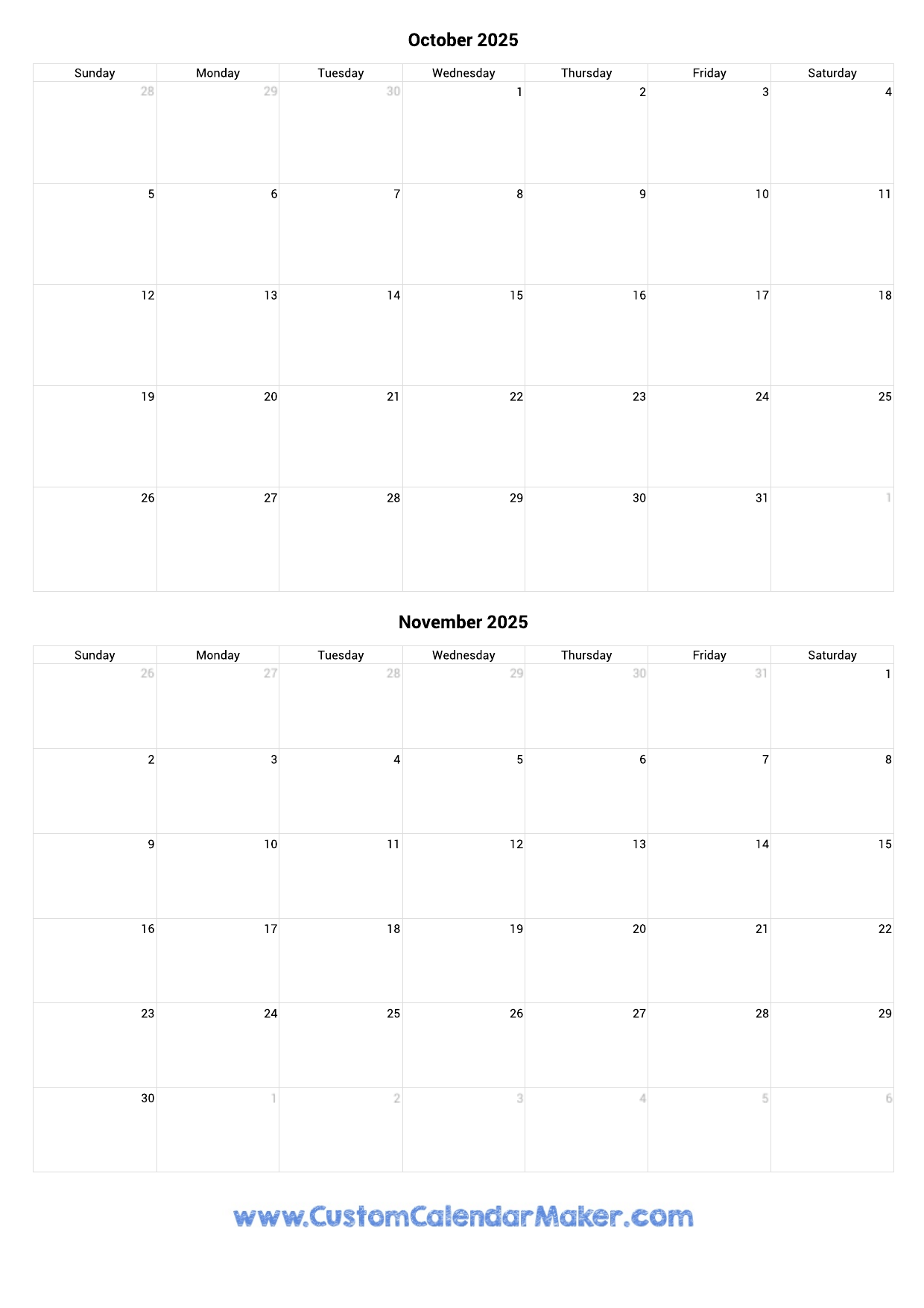 October And November 2025 Calendar Custom Calendar Maker
