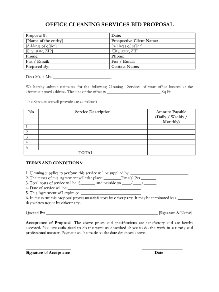 Office Cleaning Services Bid Proposal Form Fill Online 