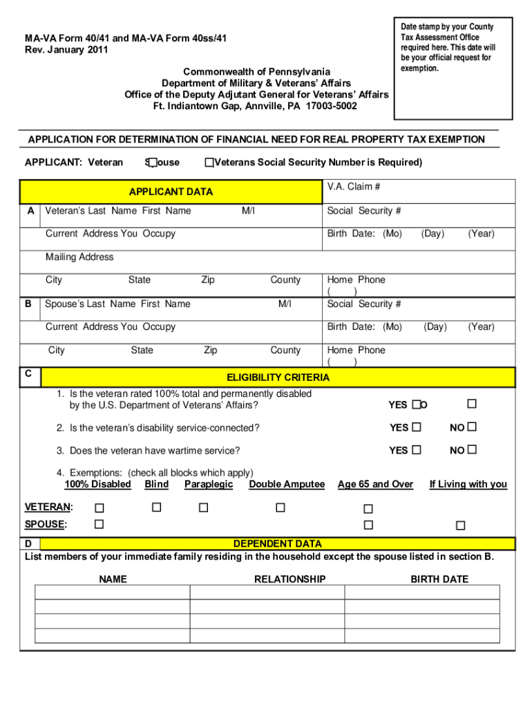PA DMVA MA VA 4041 MA VA 40SS41 Form Fill Online Printable 
