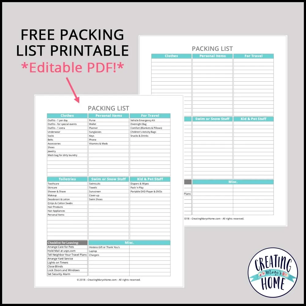 Packing List Printable Editable PDF Creatingmaryshome