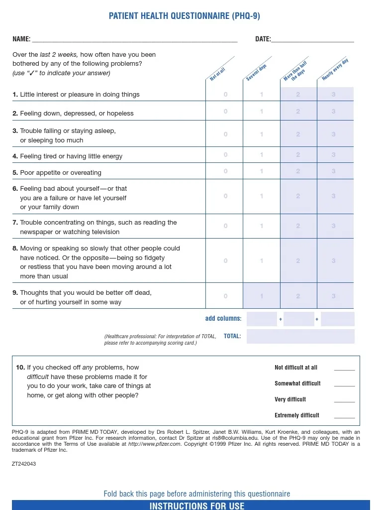 PHQ 9 PDF Major Depressive Disorder Clinical Medicine