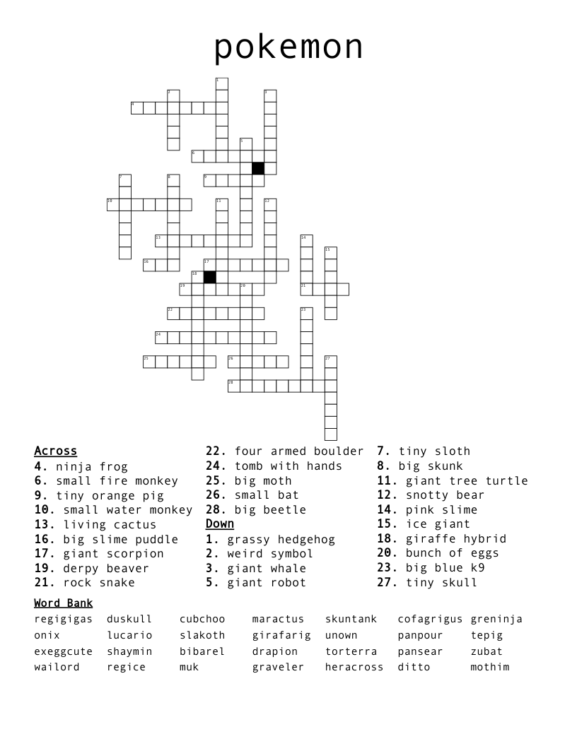 Printable Pokemon Crossword Puzzles