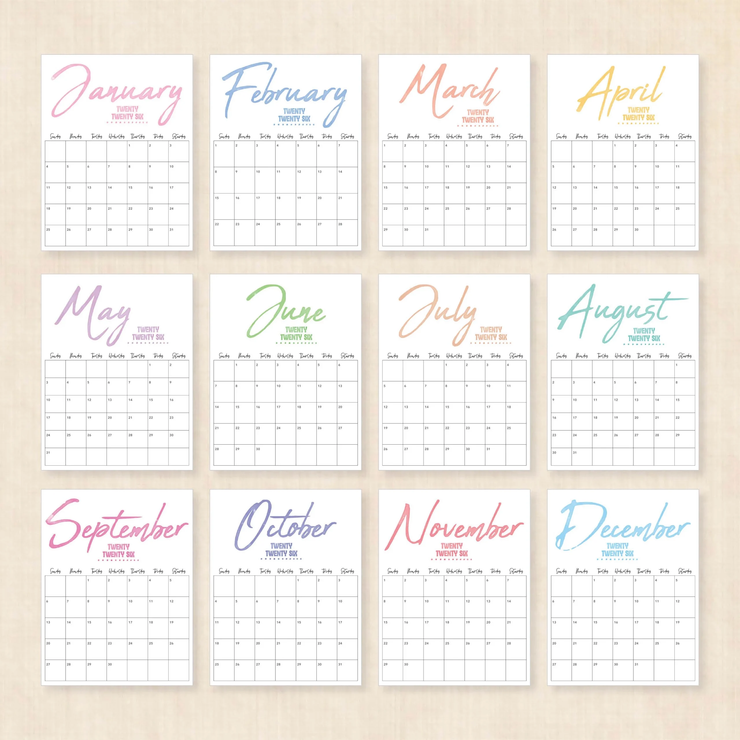 Mini Printable Calendar 2026