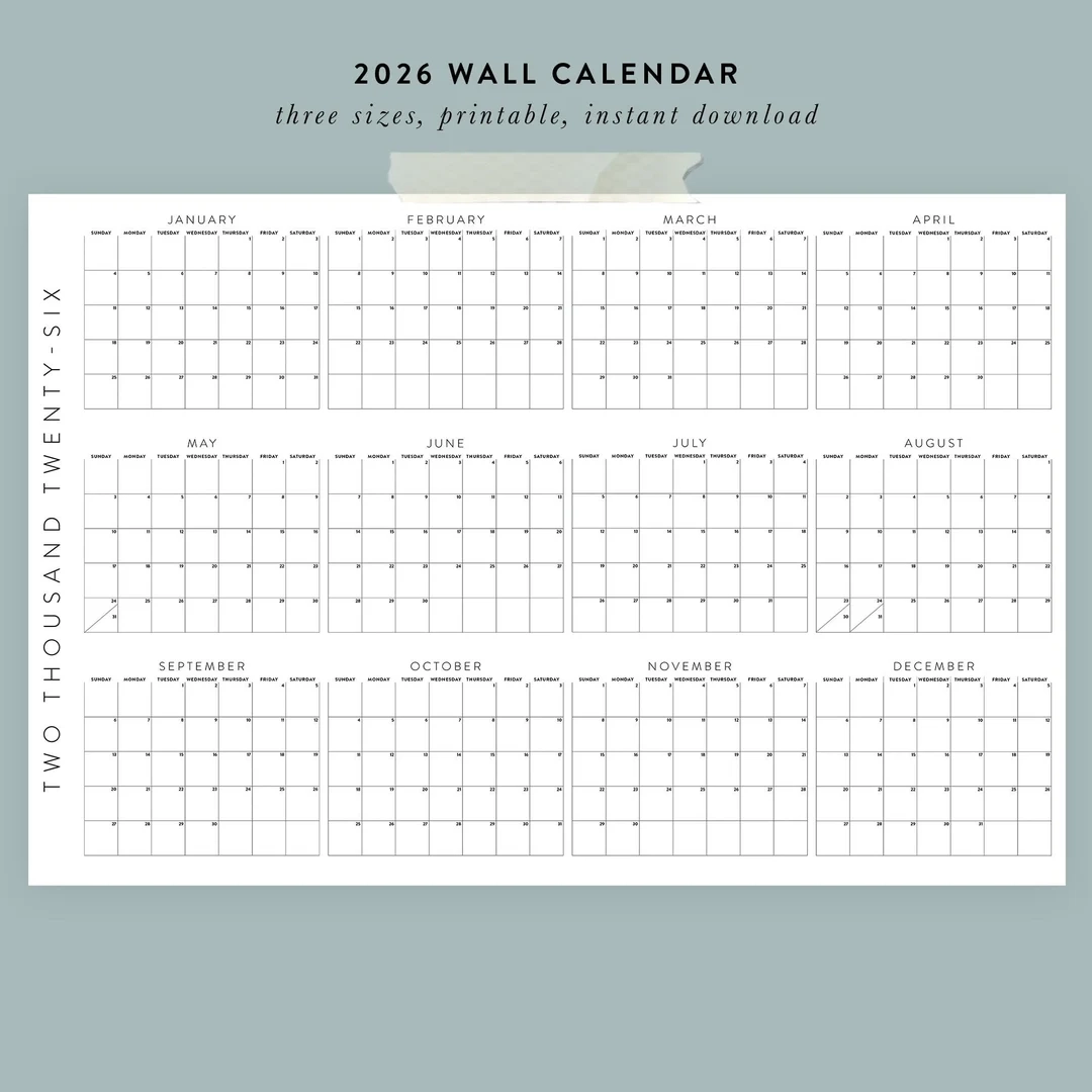 Printable 2026 Wall Calendar 3 Sizes 36x24 24x18 11x8 5 
