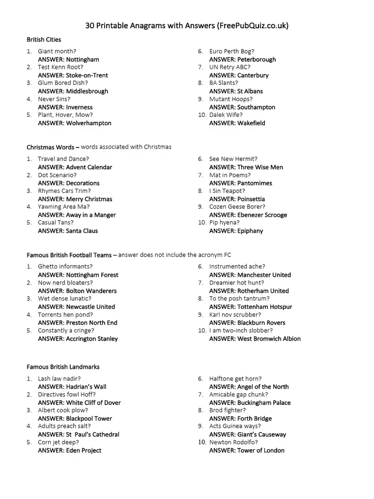 Printable Anagrams Quiz With Answers PDF Association Football 