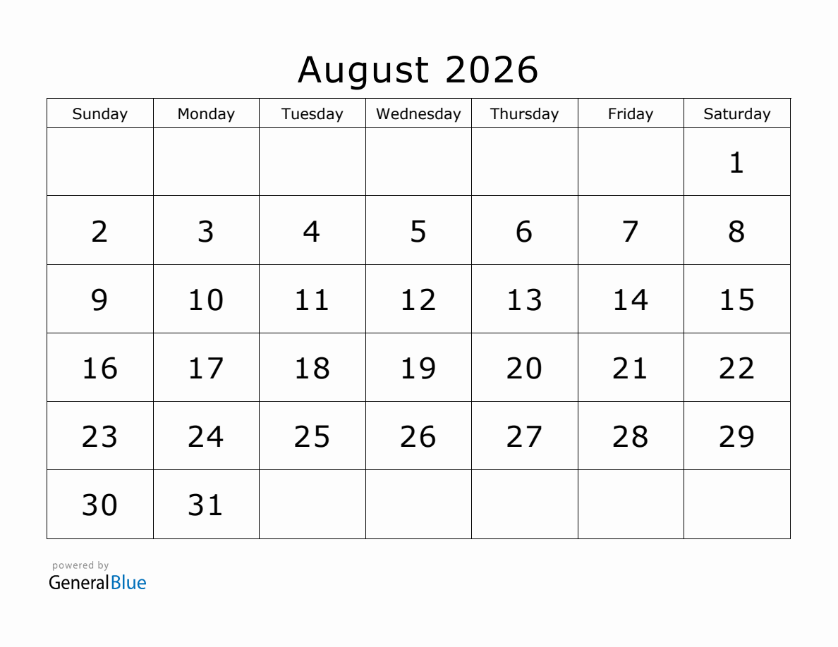 Blank Printable August 2026 Calendar