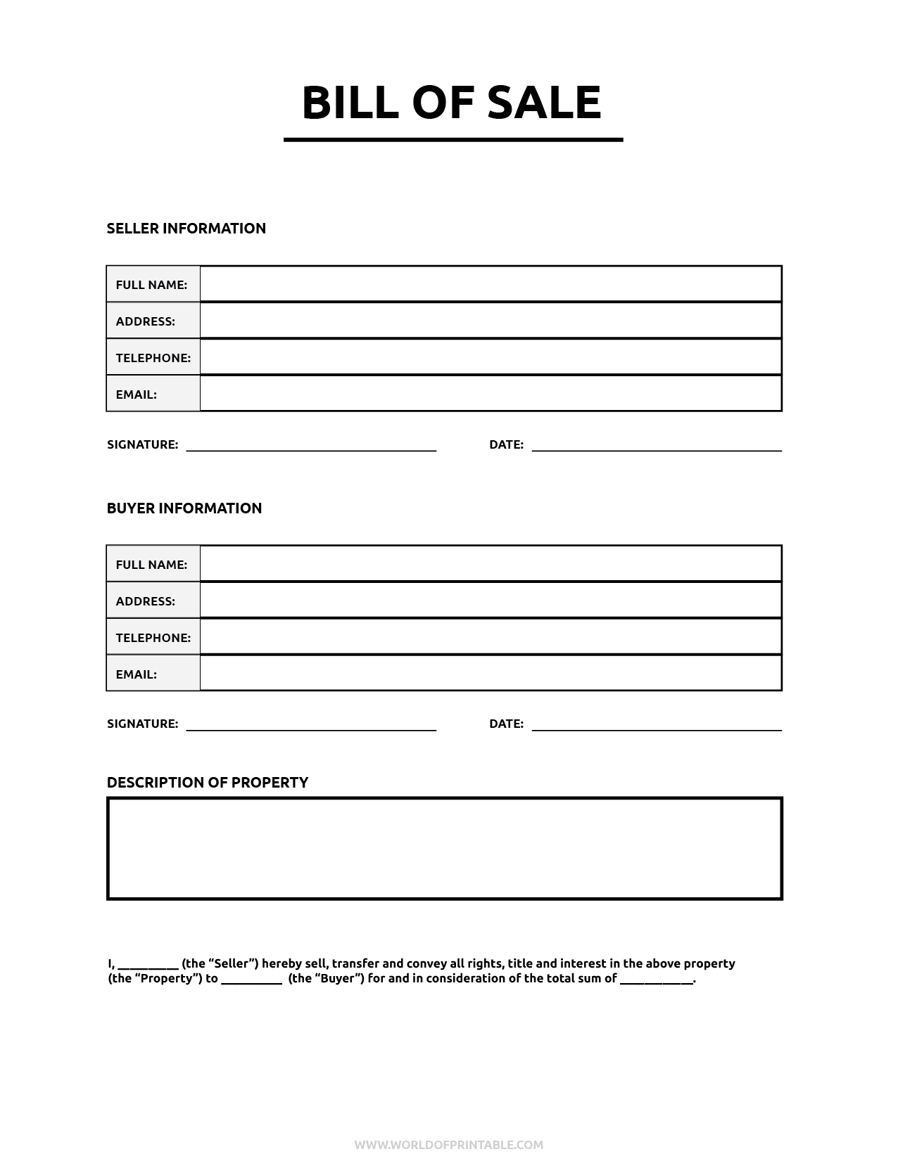 Simple Bill Of Sale Form Printable Free