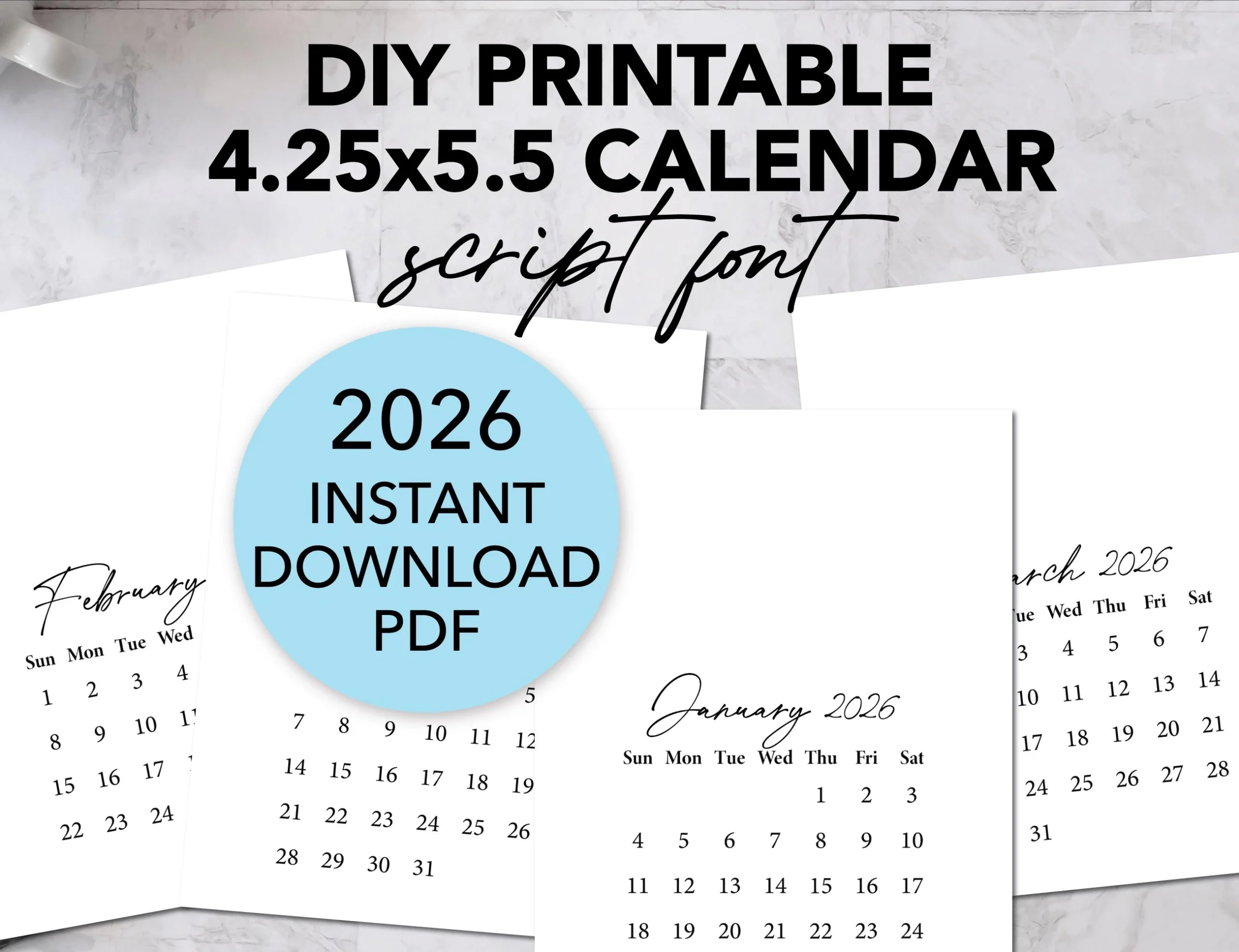 Printable BLANK DIY Calendar 2026 Script Font PDF Mini Desk 