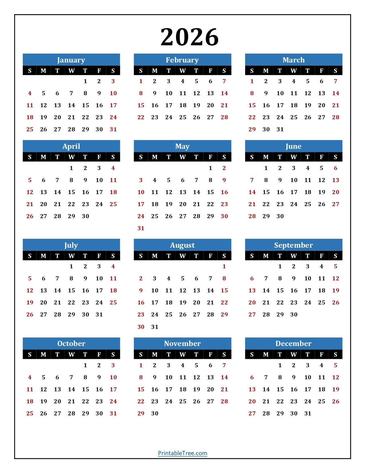 One Page 2026 Calendar Printable With Holidays