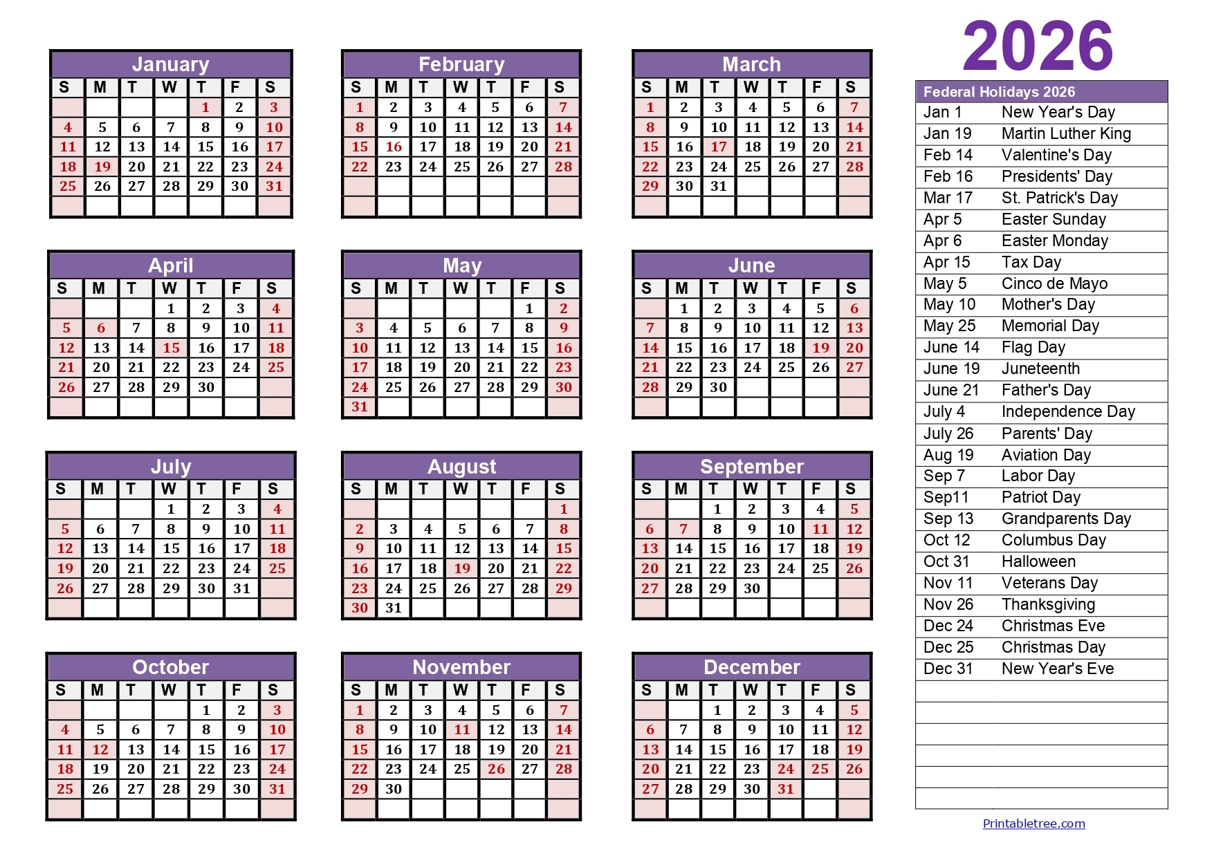 One Page Printable 2026 Calendar