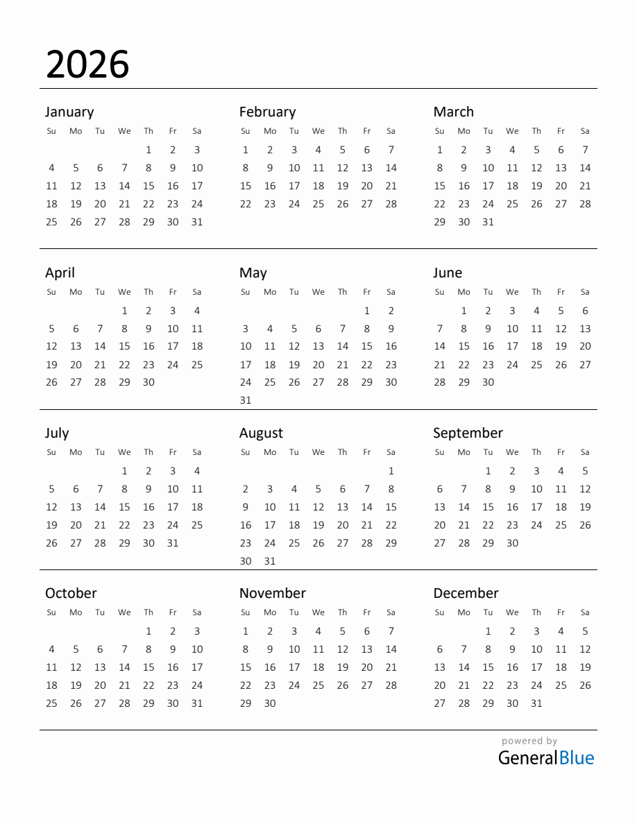 Printable Calendar 2026 Pdf Free Download