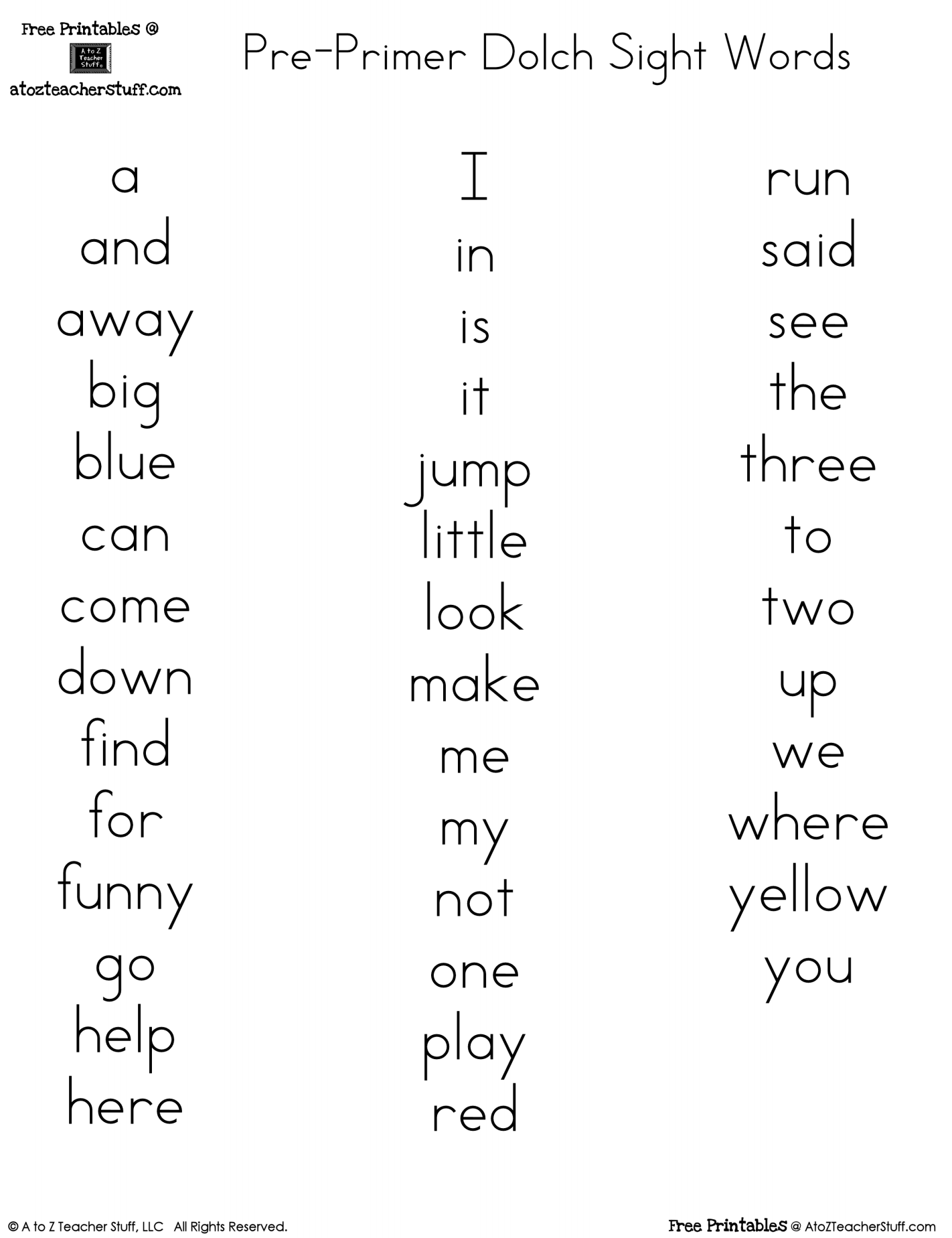 Printable Dolch Word Lists A To Z Teacher Stuff