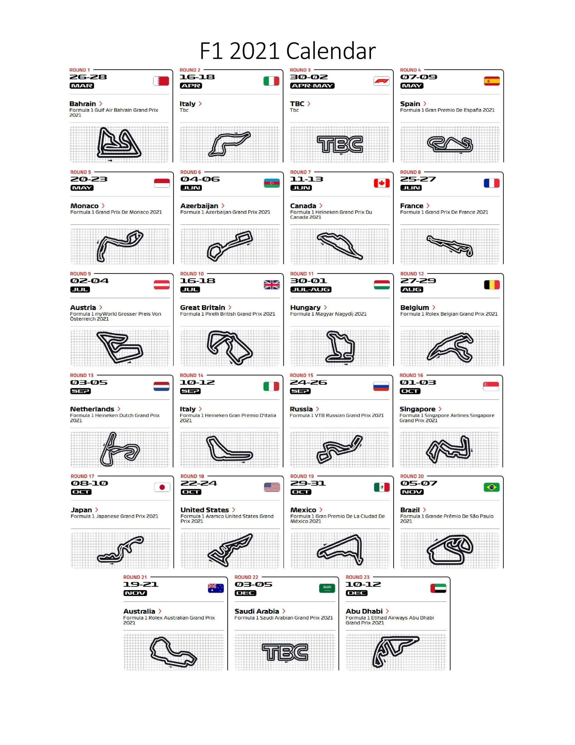 Printable F1 2021 Calendar R formula1