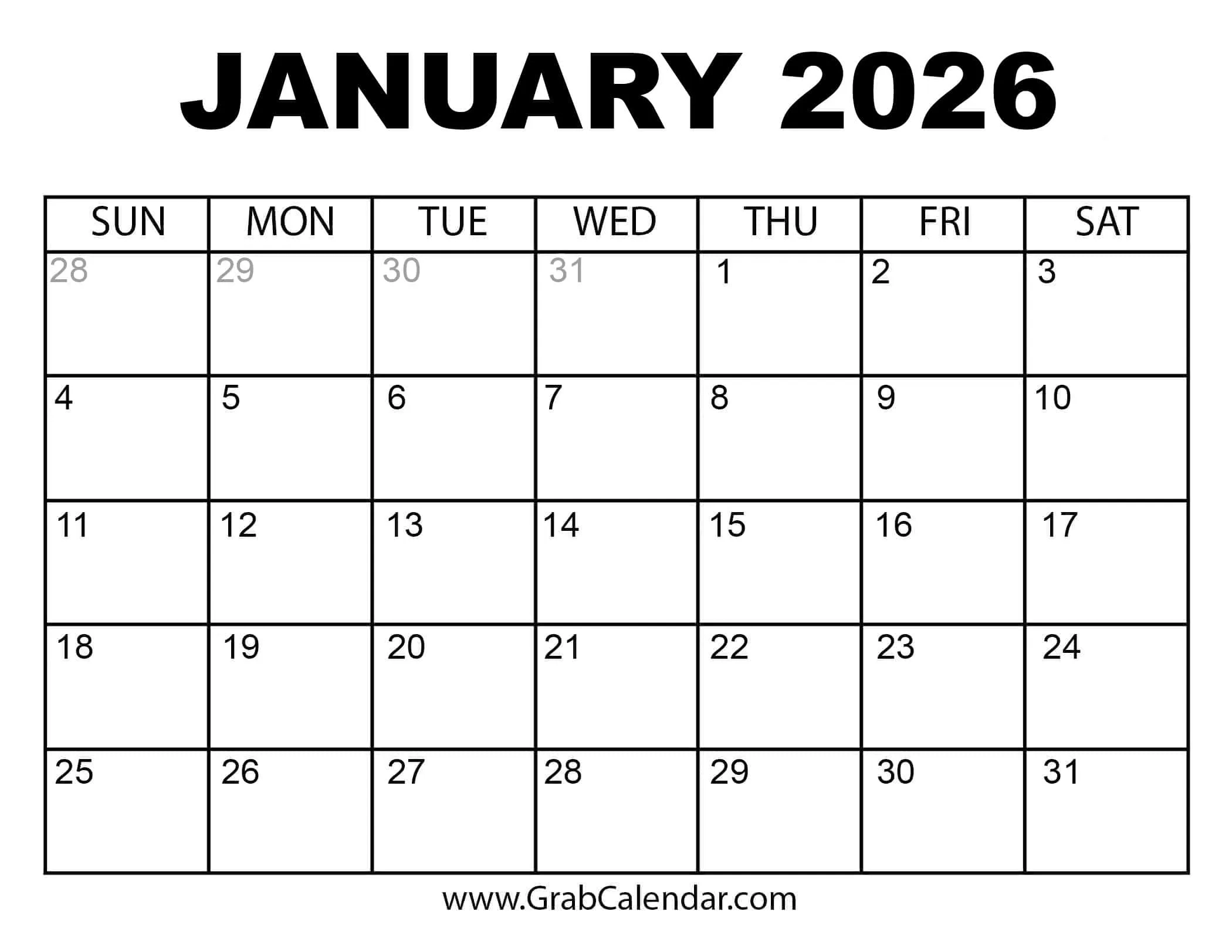 January Calendar 2026 Free Printable