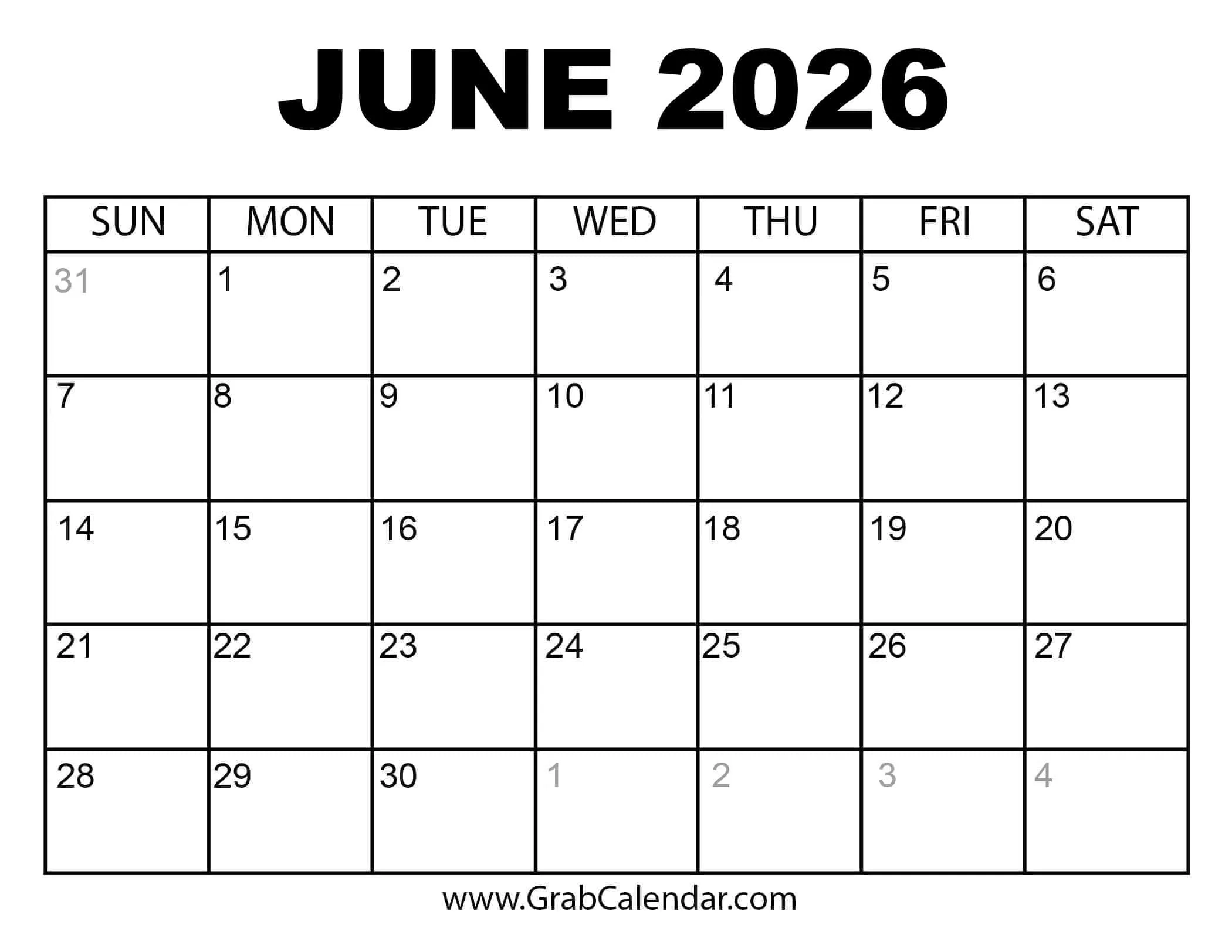 Blank Calendar 2026 June July August