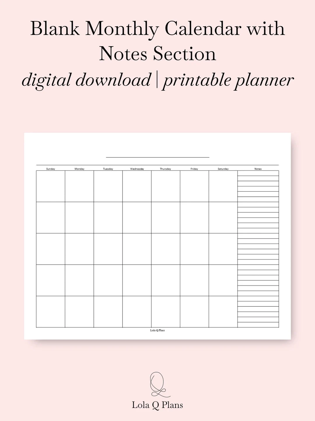 Printable Monthly Calendar With Notes Section Calendar Insert 