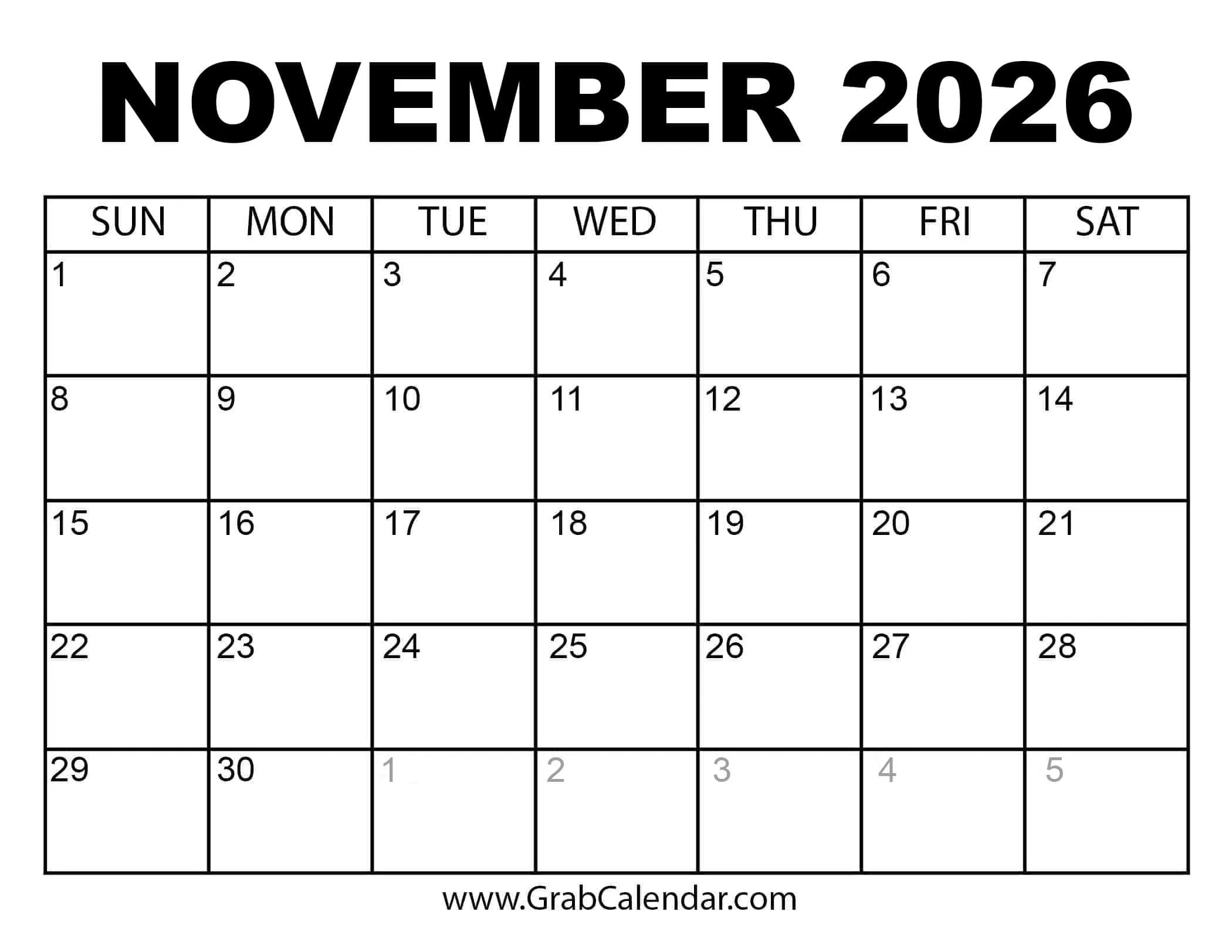 Large Blank Calendar November 2026 Printable