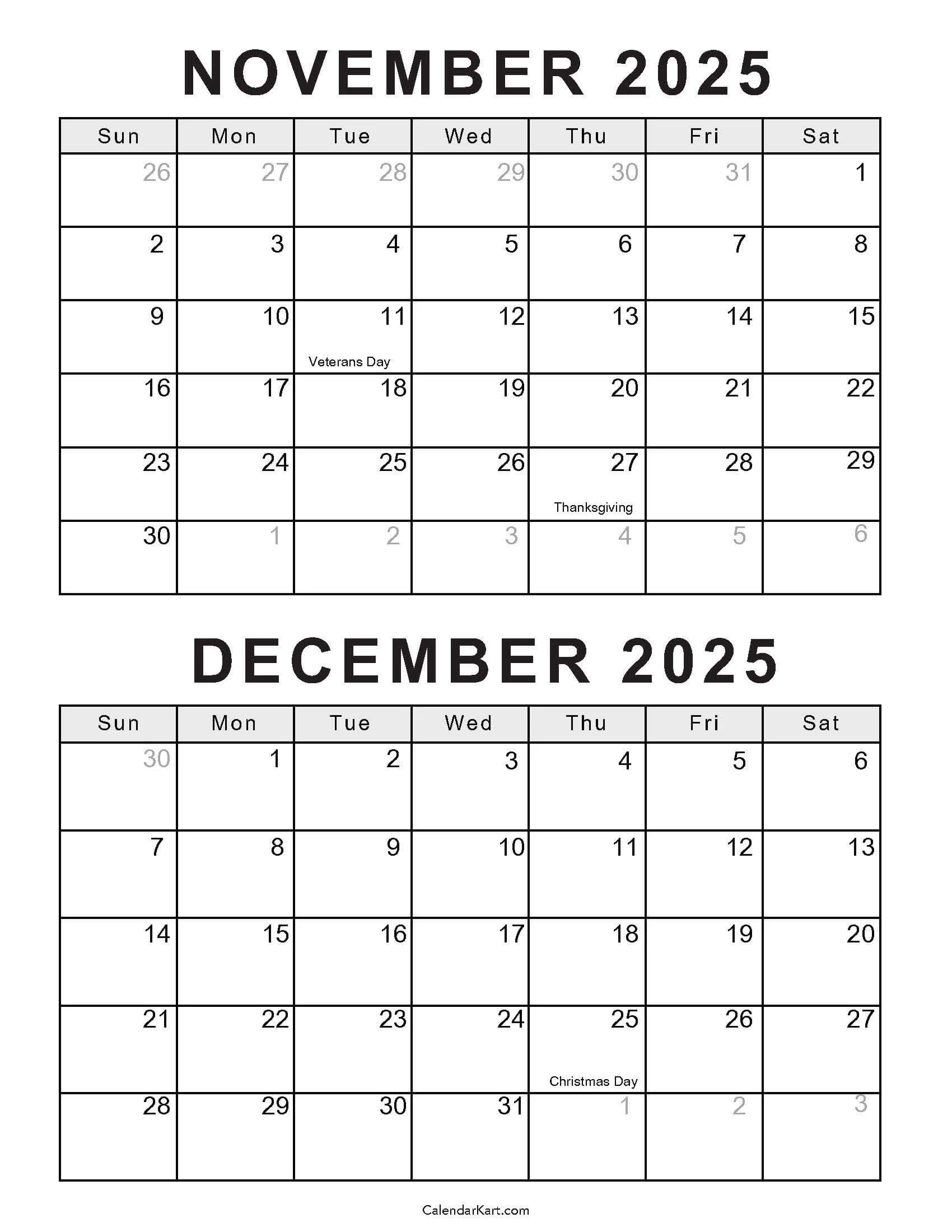 Printable November December 2025 Calendars Calendarkart