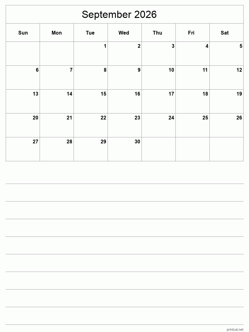 Blank September 2026 Calendar With Lines