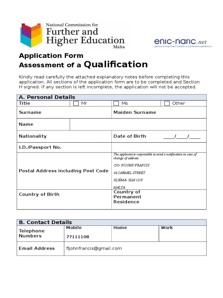 Qualification Assessment Form PDF Academic Certificate Thesis