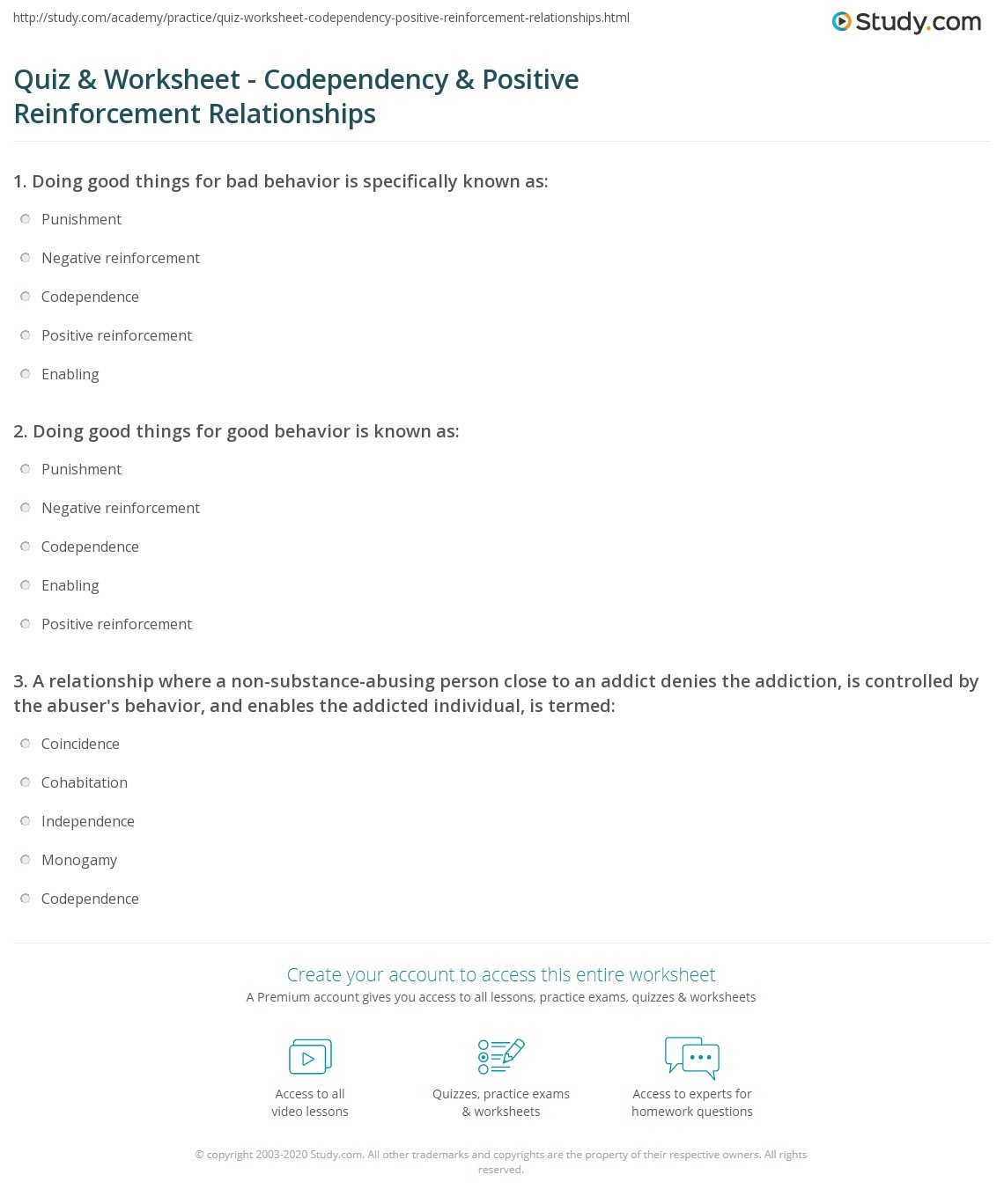 Quiz amp Worksheet Codependency amp Positive Reinforcement 