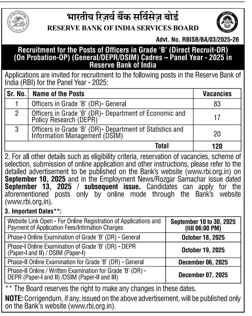 RBI Grade B Recruitment 2025 Notification OUT For 120 Vacancies 