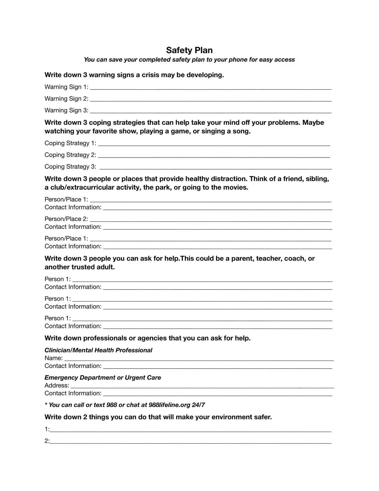 Safety Plan Worksheet Pdf Printable