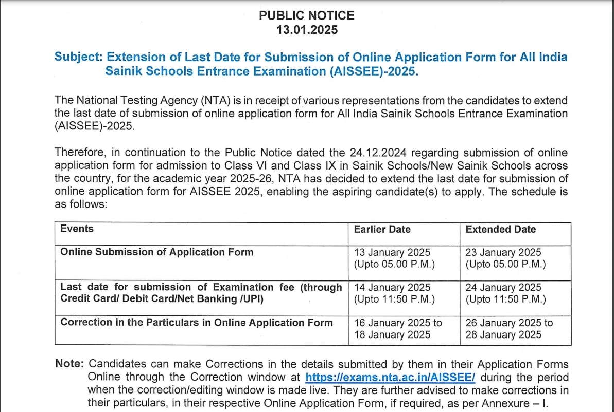 Sainik School Admission Form 2025-26 Class 6