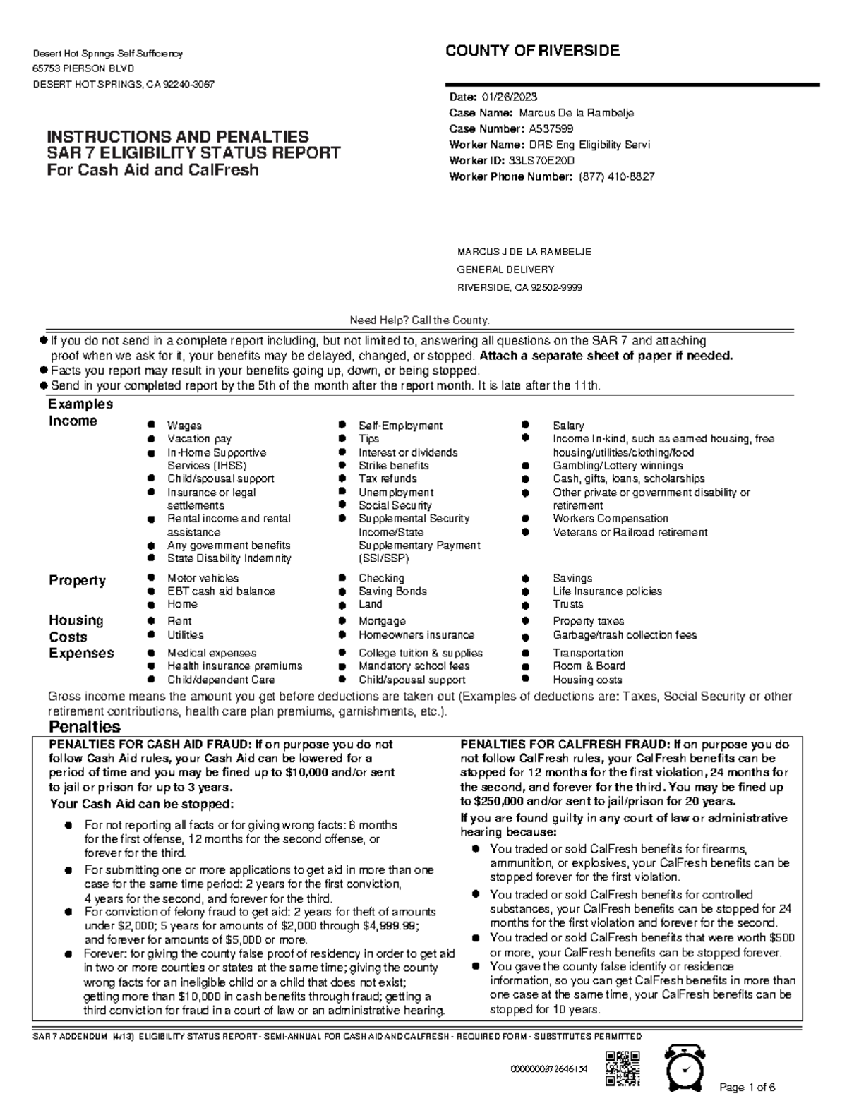 SAR 7 Semi Annual Eligibility Status Report For Cash Aid 