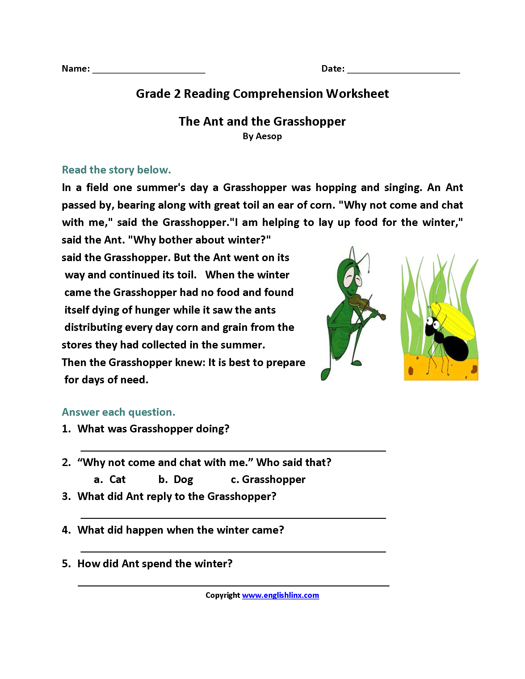 Free Printable Reading Comprehension Worksheets For 2nd Grade