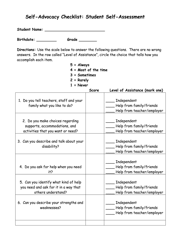 Self Advocacy Checklist Student Self Assessment Form Fill Online 