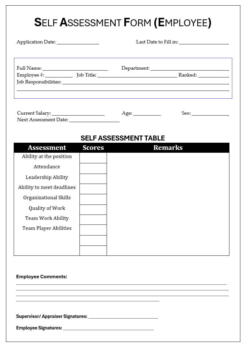 Self Assessment Form Free Word And Excel Templates
