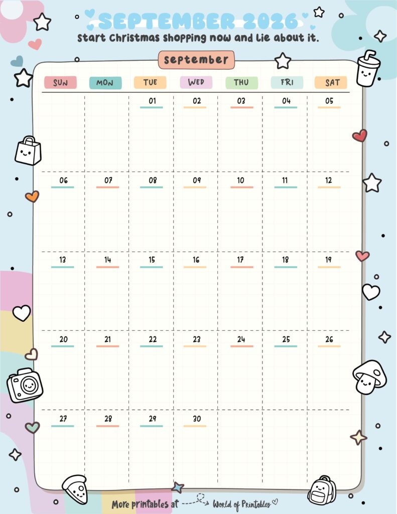 September Blank Calendar 2026 Cute