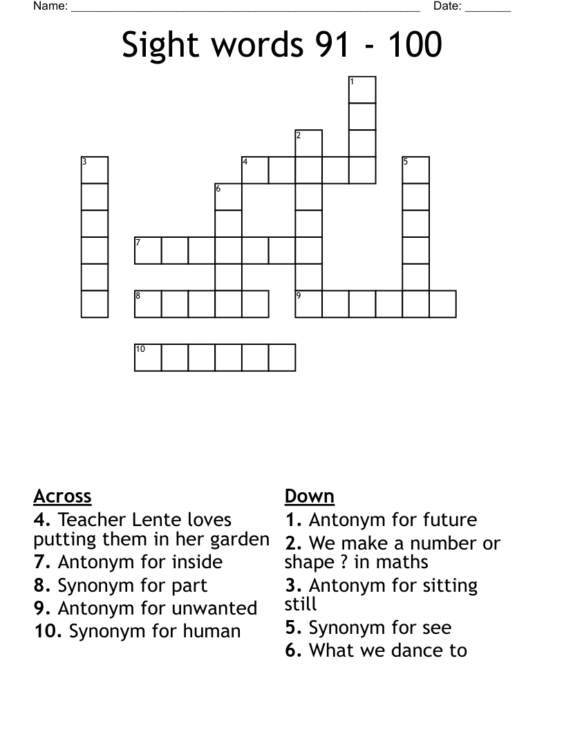 Sight Word Crossword Puzzles Printable