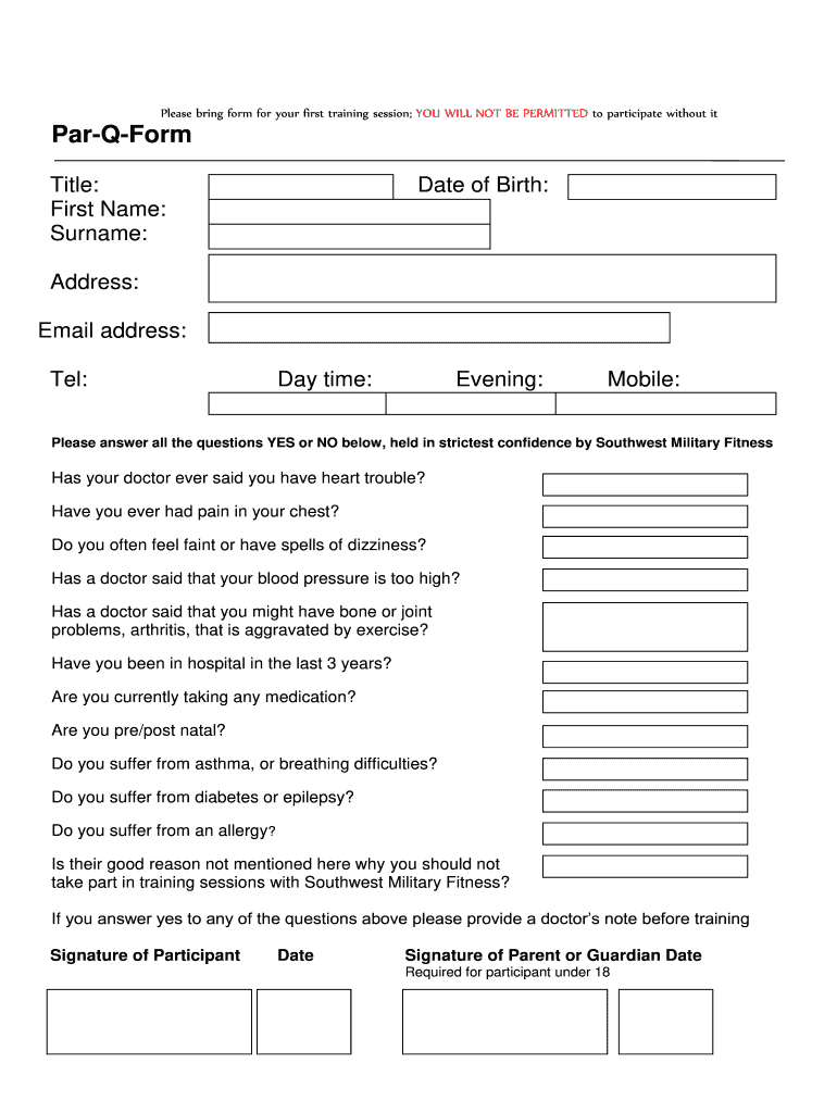 South West Military Fitness Par Q Form Fill Online Printable 