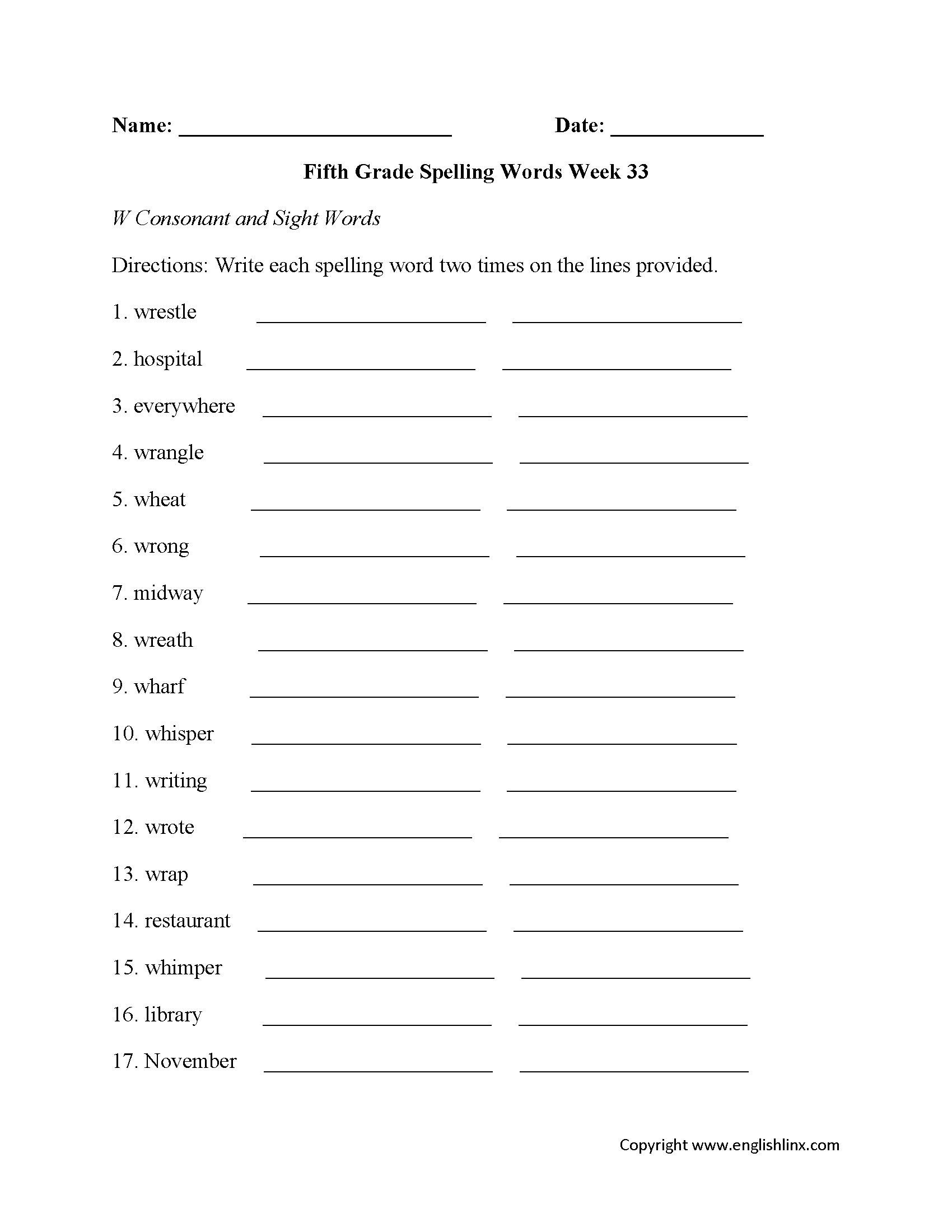 6th Grade Free Printable Worksheets Spelling