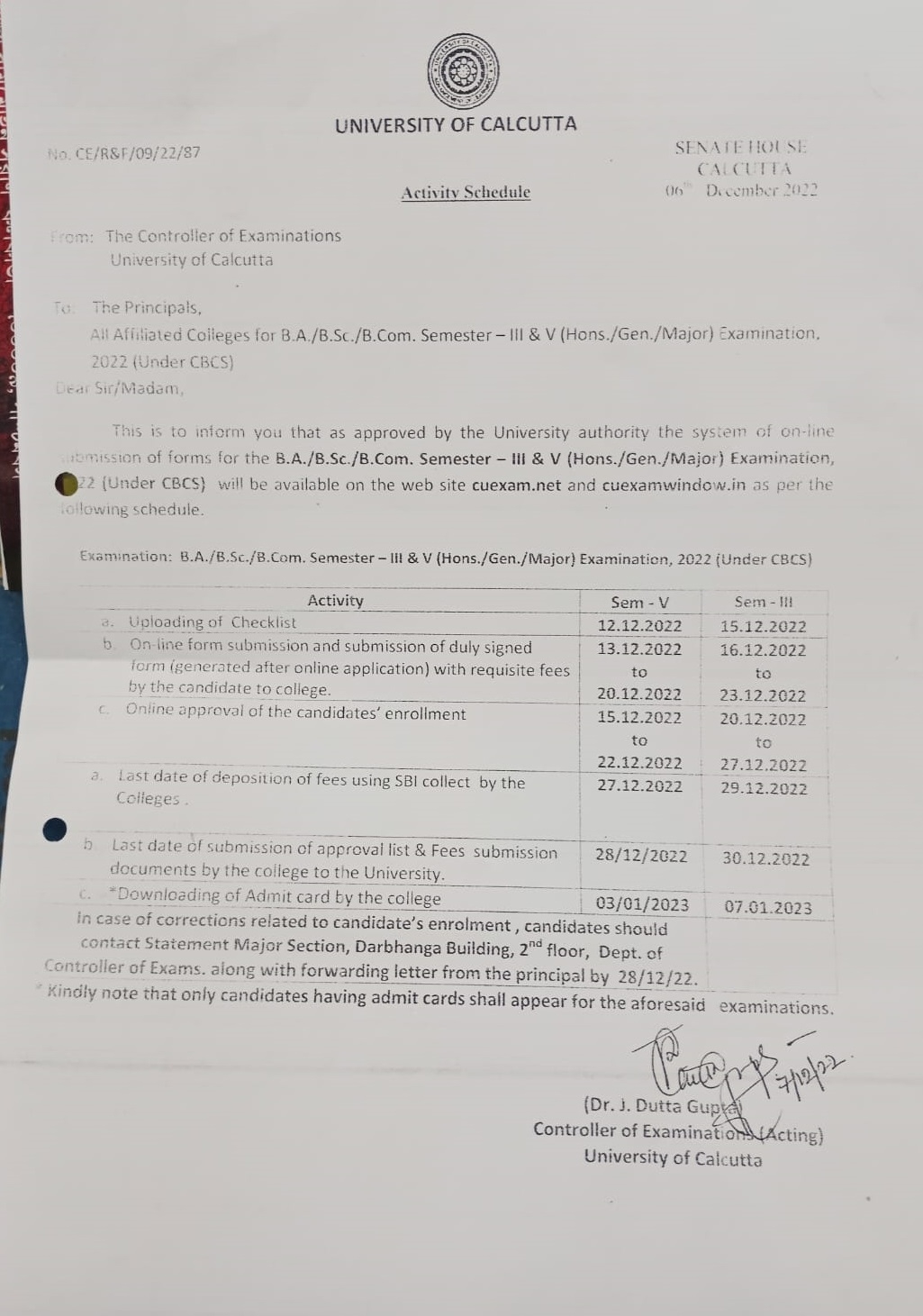 Submission Of B A B Sc B Com Hons amp Gen Sem III amp Sem V 