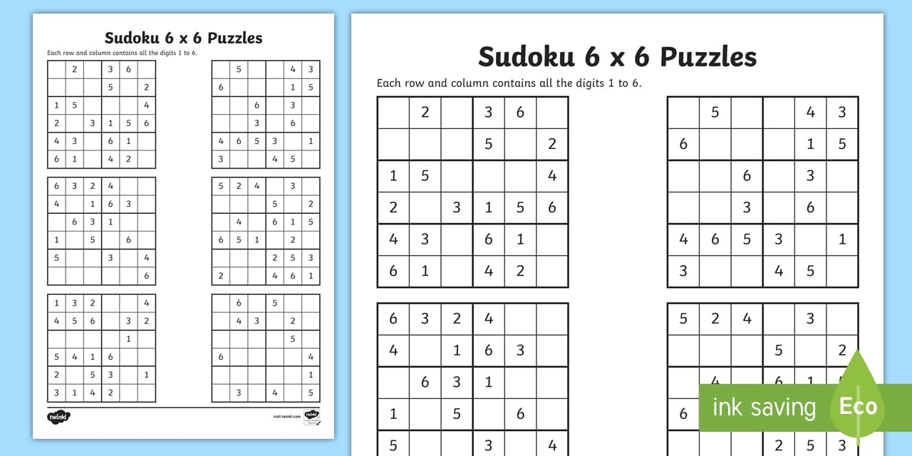 Sudoku 6 X 6 Worksheet