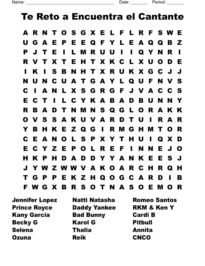 Te Reto A Encuentra El Cantante Word Search WordMint