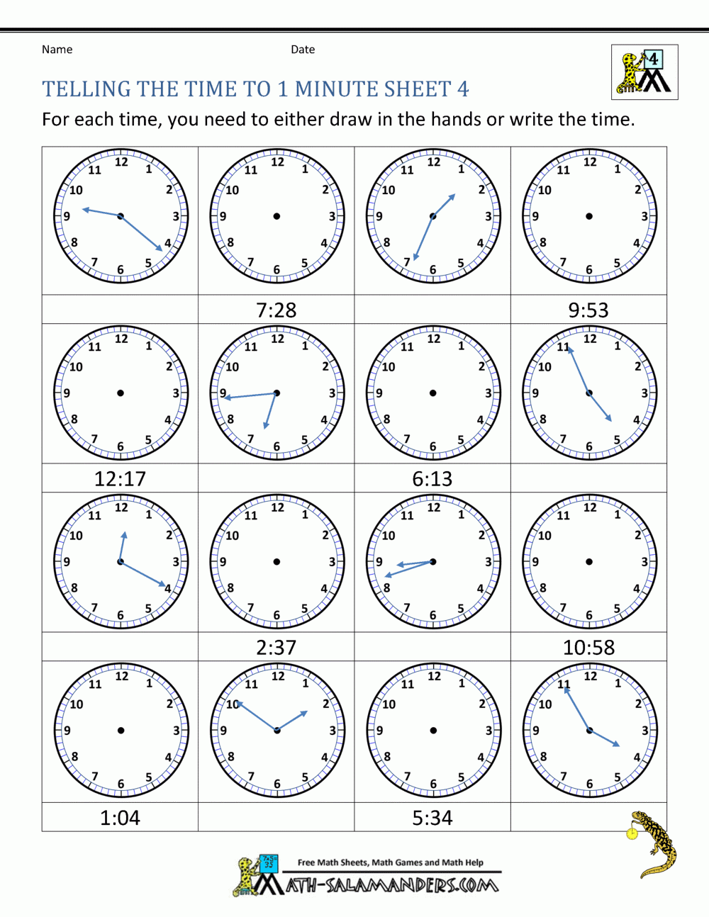 Telling Time Worksheets Grade 4 To The Nearest Minute
