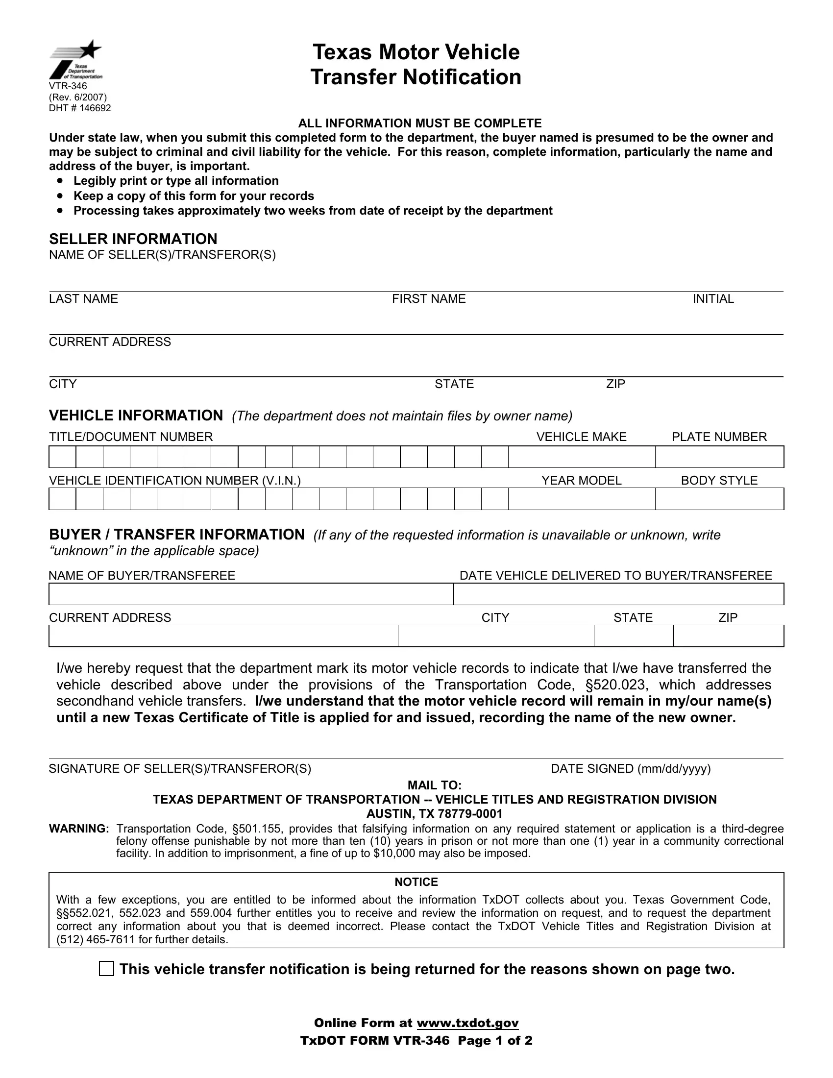 Texas Form Vtr 346 Fill Out Printable PDF Forms Online