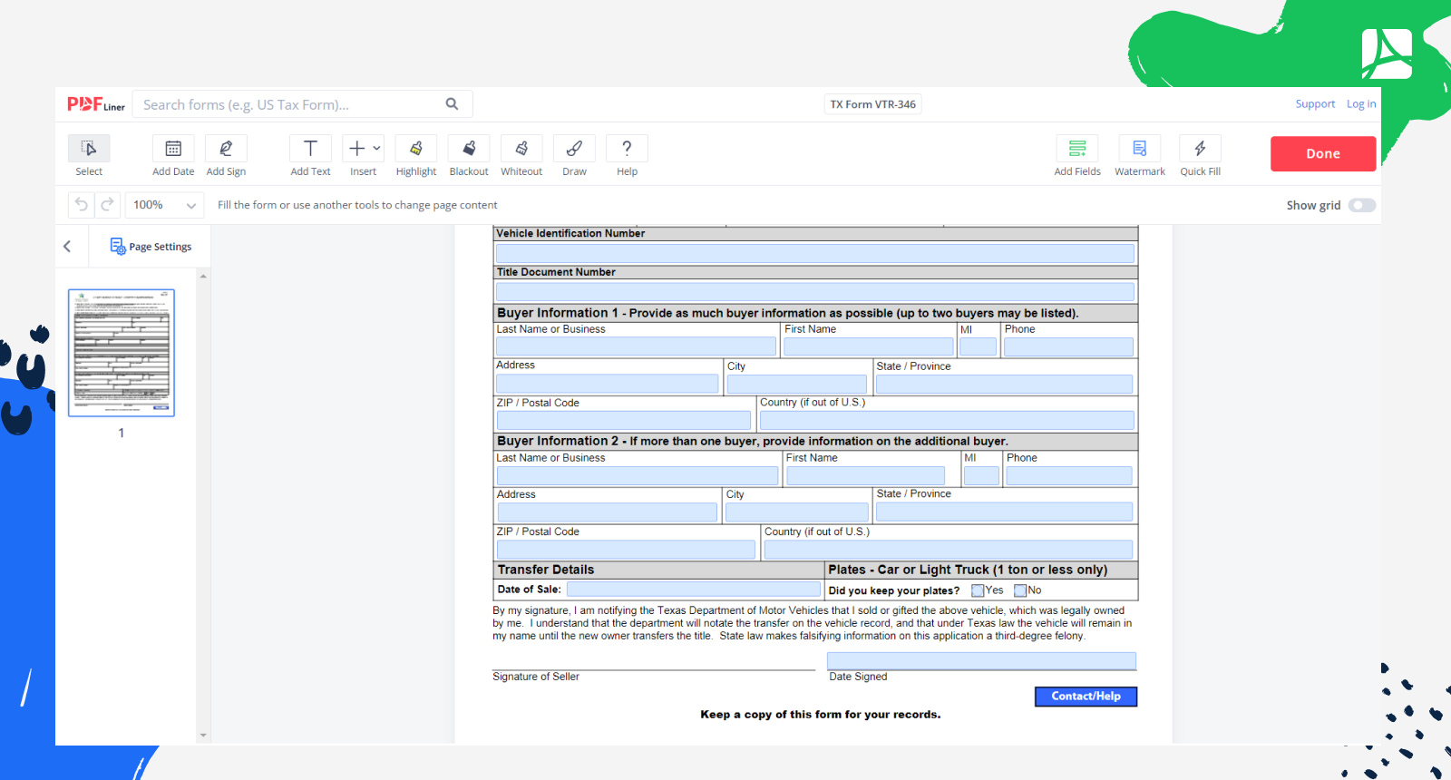 Texas Motor Vehicle Transfer Notification Form VTR 346 PDFliner